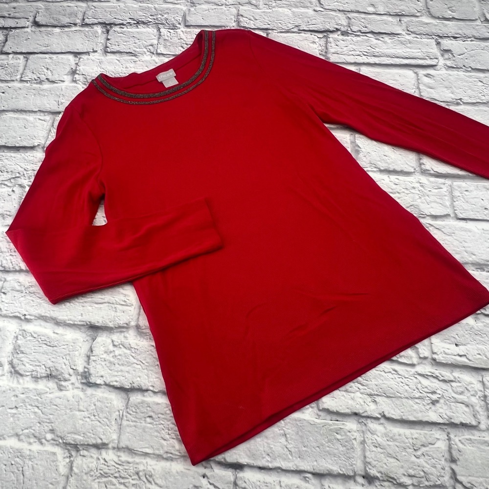 Chicos Size 0 4/XS Ribbed Beaded Neckline Long Sleeve Knit Shirt Poppy Red